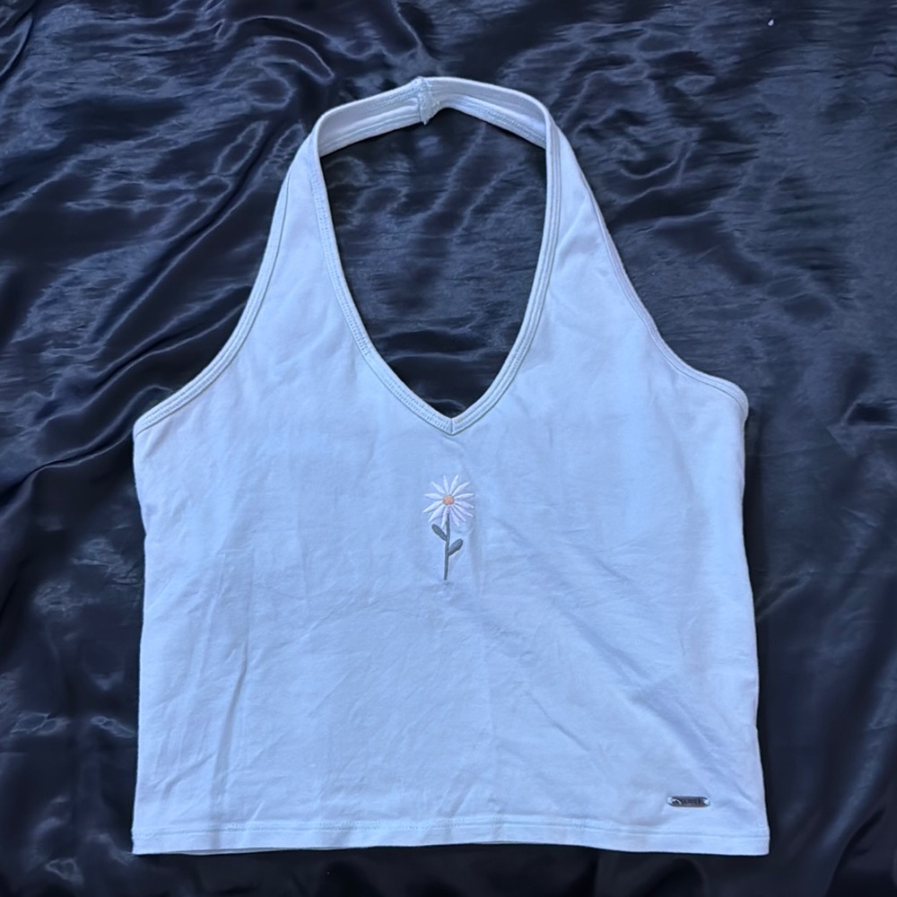Light Blue Halter Top with Daisy Embroidery